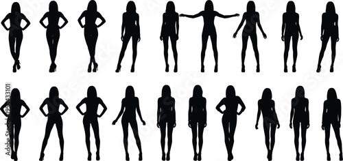 Black silhouette vector set of young fashion women and models in various stylish poses and outfits isolated on a clean white background for design