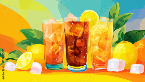 Vector illustration of 3 glasses of iced tea and lemonade with lemons and ice cubes