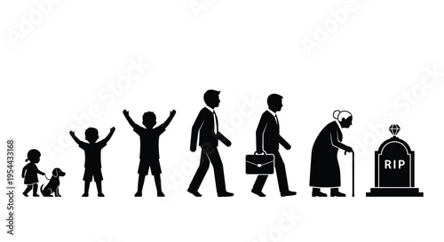 Black silhouette vector set showing human life cycle from childhood to adulthood and old age ending at a gravestone for cycle of life concepts,