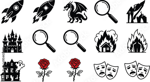 Diverse black silhouette icon set including space rockets, mythical dragons, magnifying glasses, burning houses, haunted castles, tragedy masks, and red roses on white.