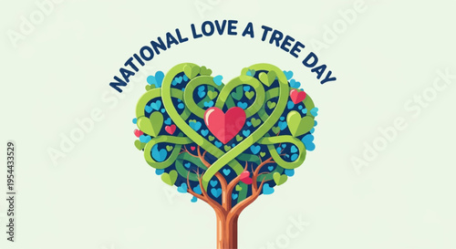 Tree with heart shaped leaves on national love a tree day with green background