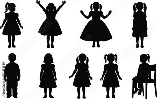 Black vector silhouette set of young children and toddlers for concepts of childhood education family 