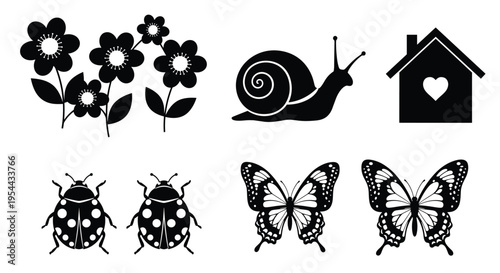 Black silhouette vector set featuring garden flowers a snail house with heart ladybugs and detailed butterflies for spring nature and whimsical branding design projects