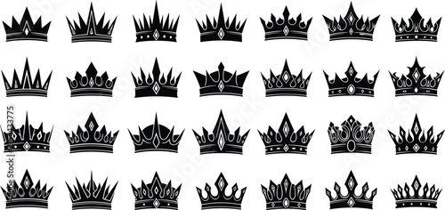 Large Collection of Black Royal Crown Silhouettes Vector Icons Set Featuring Diverse Majestic King Queen Prince and Princess Tiara Headwear Designs for Luxury Branding
