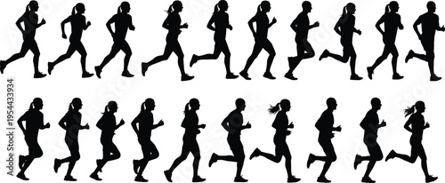 Large Set of Black Running People Silhouettes Vector Icons Featuring Men and Women Jogging and Sprinting in Various Poses for Sports Fitness and Marathon Design