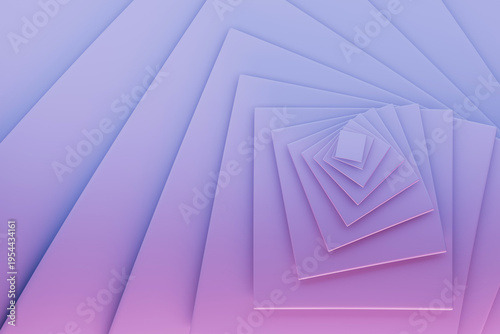 Abstract purple layered frames form endless recursive portal with smooth matte surfaces. Abstract geometric background with vortex pattern. For tech intros, app loading screens, creative VR branding.