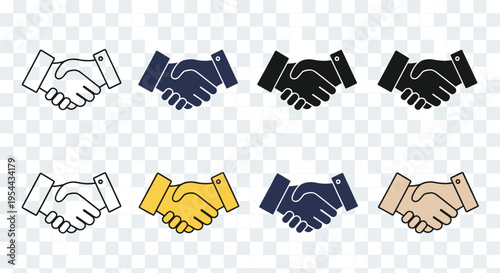Vector icon set of handshakes in flat and line styles for business partnership agreement cooperation teamwork success contract signing and professional networking branding,