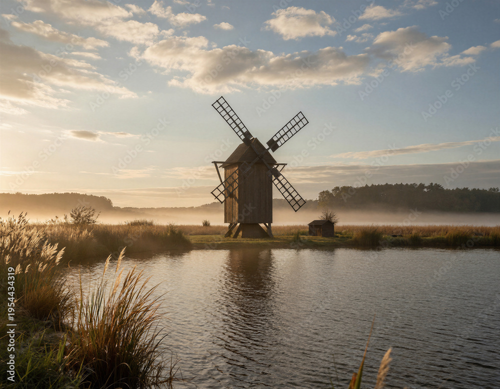 Fototapeta premium A traditional wooden windmill stands serenely on a small island in a misty lake during sunrise or sunset.