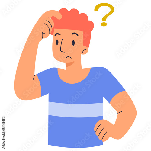 Confused Thoughtful Character Thinking Deeply with Question Mark Seeking Answers and Solving Complex Problems in Flat Cartoon Vector Illustration Style for Business Education and Psychology Concepts