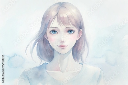 Watercolor portrait of woman with blue eyes, soft pastel colors, ethereal beauty, serene expression, delicate brushstrokes