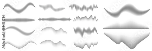 A collection of grayscale waveforms and sound wave A collection of grayscale waveforms and sound wave patterns arranged in varying shapes and sizes across the image

