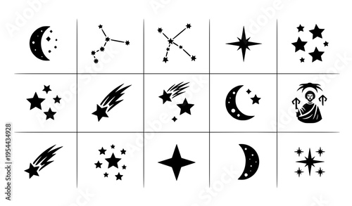 Night sky icon pack vector set with realistic stars, constellations, and celestial elements