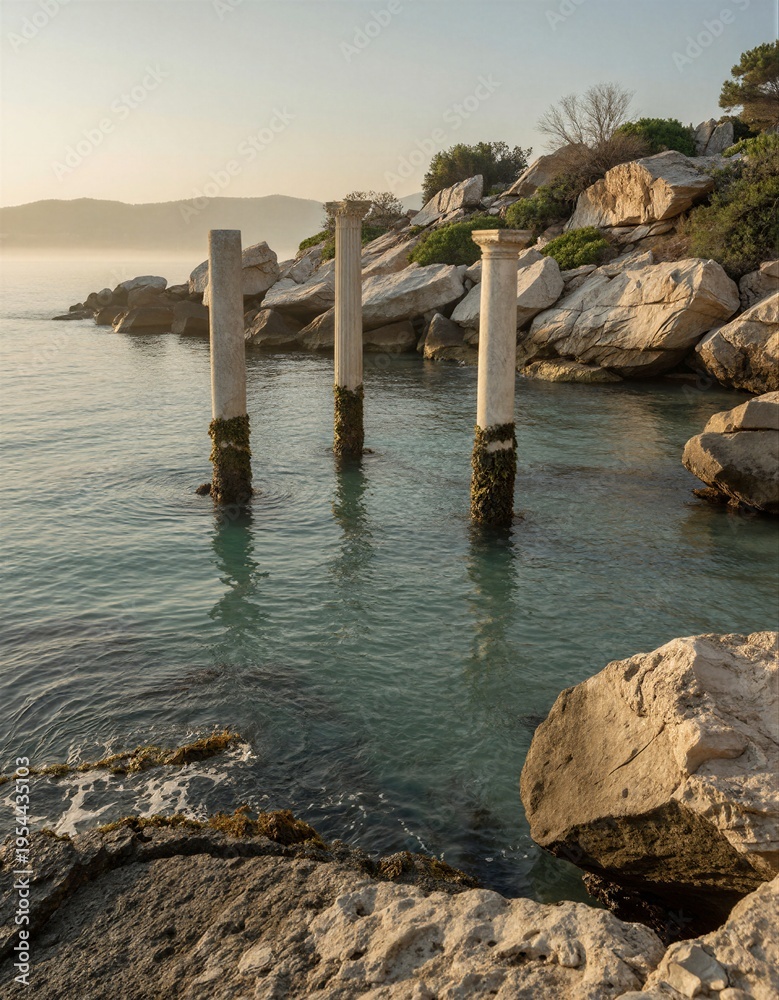 Fototapeta premium A serene rocky coastline features concrete pillars extending into the sea, protected by a breakwater structure amidst a tranquil morning atmosphere.
