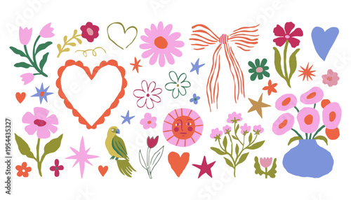 A heart shaped sticker with flowers and stars on a white background