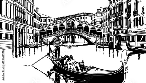 Gondola vector illustration of a romantic couple in Venice cityscape
