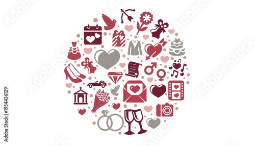 A heartwarming wedding icon illustration with various romantic symbols and objects