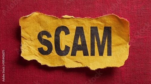 Torn yellow paper with the bold word 'SCAM' displayed against a textured red background.