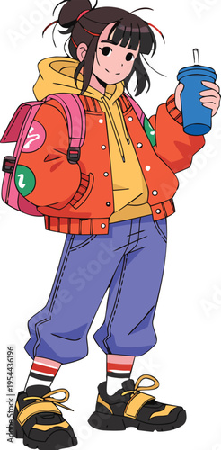 Stylish anime girl with backpack and drink, wearing bomber jacket and jeans, holding cup