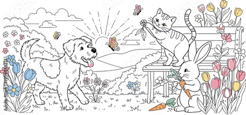 Charming illustration of a happy dog cat and rabbit enjoying a sunny spring day outdoors near colorful flowers