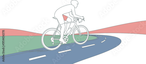 A modern graphic illustration features a determined cyclist pedaling along a colorful, curving road, embodying fitness and a healthy journey.