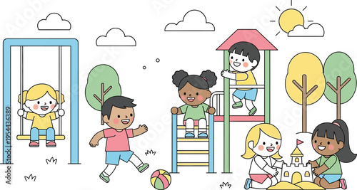 Group of happy diverse children actively playing together in a vibrant outdoor park, enjoying swings, climbing, and building sandcastles.