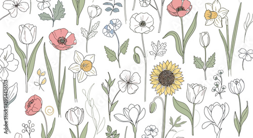Charming seamless pattern features delicate hand drawn pastel spring flowers like tulips daffodils and sunflowers