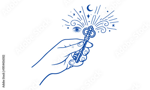 Hand Holding a Magical Key Unlocking Mystical Spark with Eye, Stars & Moon