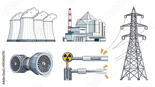 Nuclear Power Plant Vector Icon Sheet, Atomic Energy Reactor Building, Industrial Cooling Towers, Turbine, Control Rods and Electricity Pylon Icons