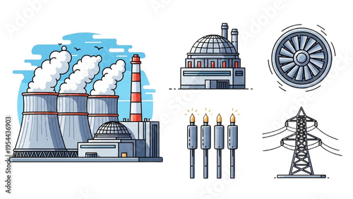 Nuclear Power Plant Vector Icon Sheet, Atomic Reactor Building, Industrial Cooling Towers, Turbine, Control Rods and Electricity Pylon Line Art Set
