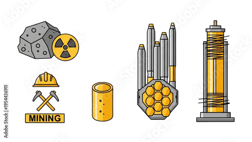 Uranium Fuel Cycle Vector Icon Sheet, Nuclear Energy Mining Symbols, Fuel Pellets, Rod Bundles, and Centrifuge Line Art Set for Industrial Design