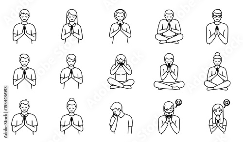 set of people icons Diverse People Prayer and Meditation Line Art Icons Spiritual Vector Set