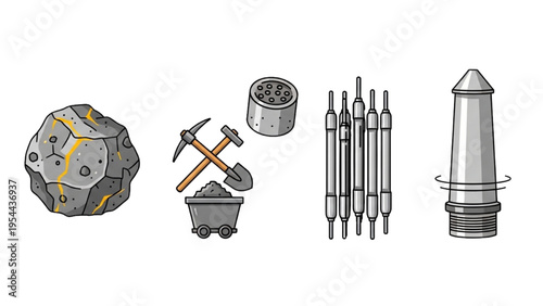 Uranium Fuel Cycle Vector Icon Sheet, Nuclear Energy Mining Symbols, Fuel Pellets, Rod Bundles, and Centrifuge Line Art Set for Industrial Design