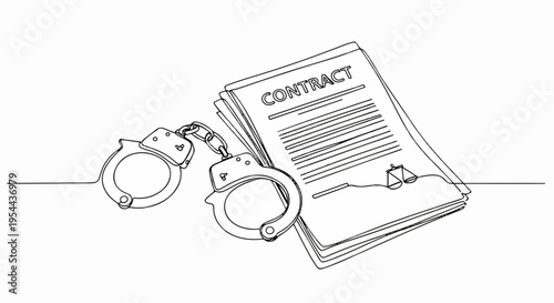 Handcuffs and contract law document on table symbolizing legal agreement and crime concept