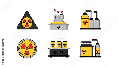 Radioactive Waste Management Vector Icon Sheet, Nuclear Disposal Symbols, Waste Barrel, Lead Container, Storage and Robotic Arm Line Art Design Set