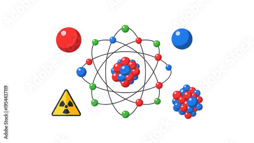 Nuclear Science and Atom Vector Icon Sheet, Atomic Physics Symbols, Proton Neutron Nucleus Bohr Model, Radiation Sign, Minimalist Line Art Icon Set