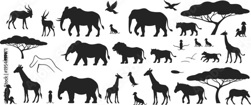 African savanna wildlife silhouette illustration, elephants, giraffes, lions, antelopes, zebras, monkeys, birds, meerkats, acacia trees, natural habitat theme, vector .