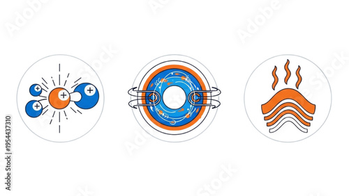 Nuclear Fusion Energy Vector Icon Sheet, Magnetic Confinement Tokamak, Atomic Plasma Reaction, High Temperature Symbols, Physics Line Art Icon Set