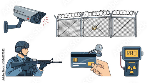 Nuclear Security Vector Icon Sheet, Restricted Area Fence, Security Camera, Key Card Access, Armed Guard and Radiation Monitoring Line Art Icon Set