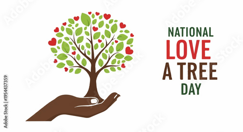 National love a tree day hand holding tree with green leaves and red apples on white background eco friendly symbol