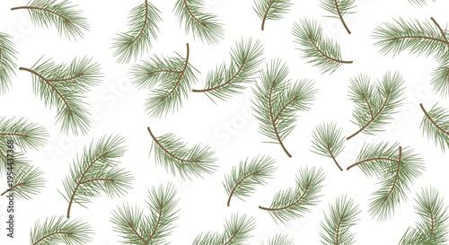 Seamless background pattern of green pine tree branches and needles scattered randomly on a plain white surface for winter design.