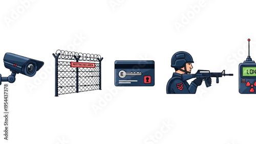Nuclear Security Vector Icon Sheet, Restricted Area Fence, Security Camera, Key Card Access, Armed Guard and Radiation Monitoring Line Art Icon Set