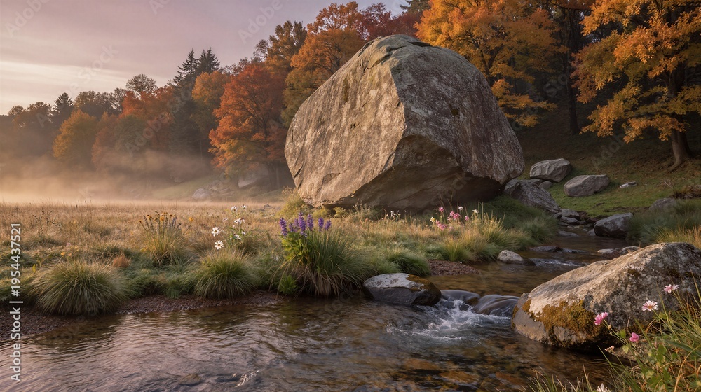 Fototapeta premium A weathered boulder stands prominently in an autumn forest landscape, surrounded by a babbling stream and vibrant foliage.