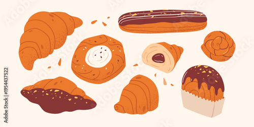 Set of assorted pastries. Croissants, eclair, chocolate glazed croissant and cromboloni. Hand drawn vector illustration for cafe menu, bakery branding, food packaging. 