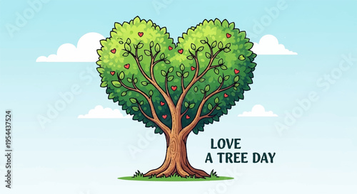 Heart shaped tree with green leaves and brown trunk on grass under blue sky with white clouds