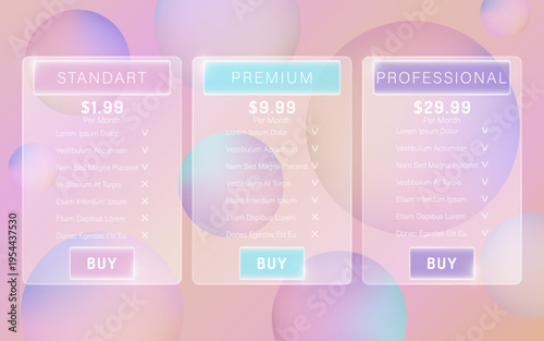 Glassmorphism pricing table ui design set with transparent frosted glass cards on pastel gradient background. Modern vector template of subscription pricing plans for website, app, SaaS landing pages.