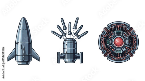 Nuclear Missile and Delivery Systems Vector Icon Sheet, ICBM Silo, Submarine Missile Launch, Stealth Bomber Aircraft, Military Line Art Icon Set