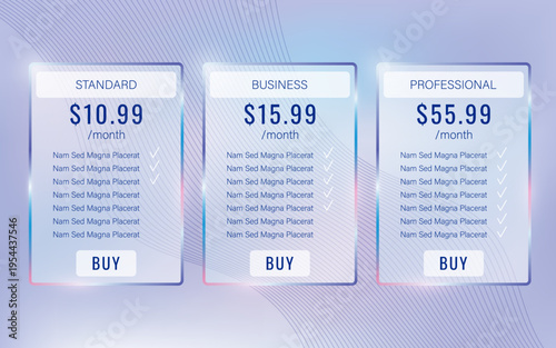 Modern pricing plans with glassmorphism effect on vibrant purple gradient background. Frosted glass cards. Three subscription tiers template. Vector illustration for web and app design.