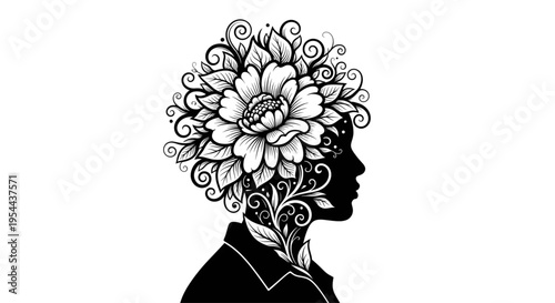 Black silhouette of a person profile with flowers blooming from the head representing mental health and creativity