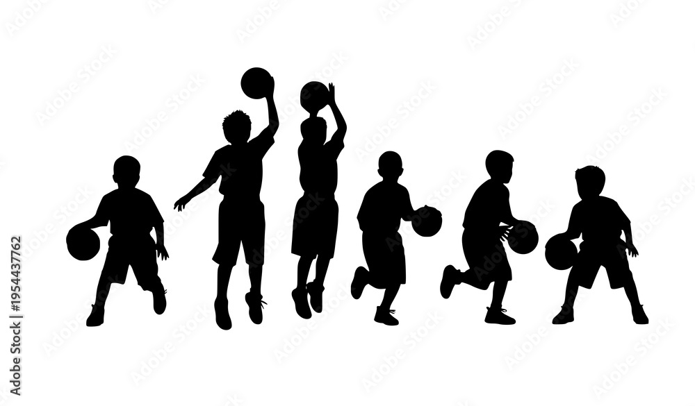 Obraz premium Kids basketball player silhouette collection young athletes playing basketball vector set
