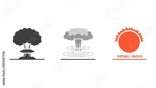 Nuclear Mushroom Cloud Vector Icon Sheet, Atomic Blast Explosion, Shockwave and Fireball Radius, Disaster Symbol, Military Line Art Design Icon Set